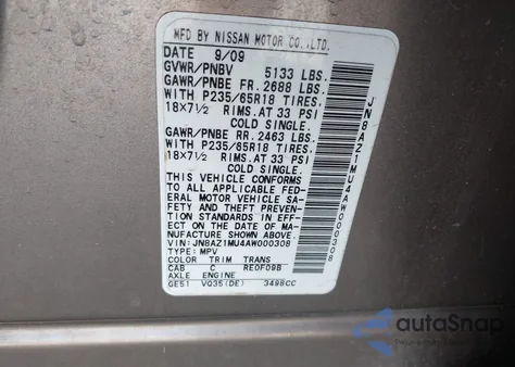 2010 Nissan Murano Sl z USA, uszkodzony, nr VIN JN8AZ1MU4AW000308